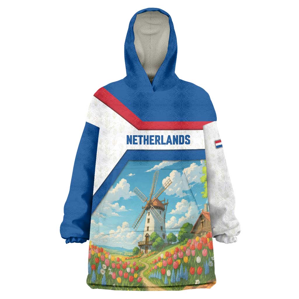 Netherlands Wearable Blanket Hoodie Dutch Windmill and Tulip Field Landscape in National Flag Colors - Wonder Print Shop