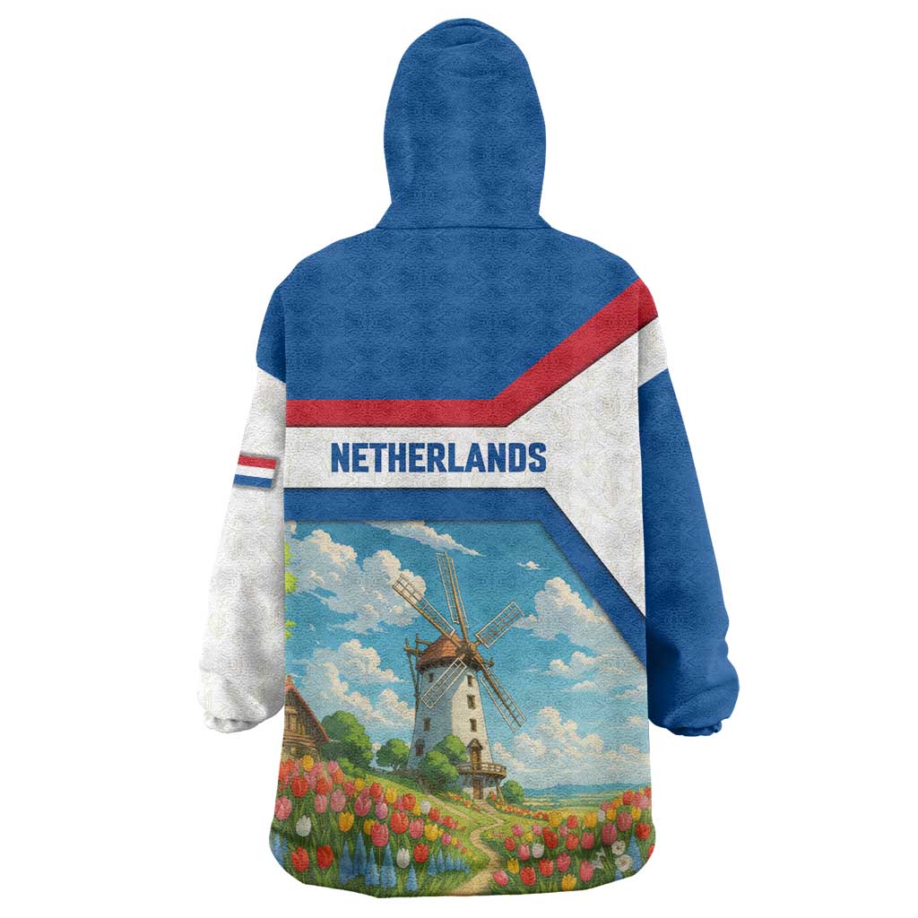 Netherlands Wearable Blanket Hoodie Dutch Windmill and Tulip Field Landscape in National Flag Colors - Wonder Print Shop