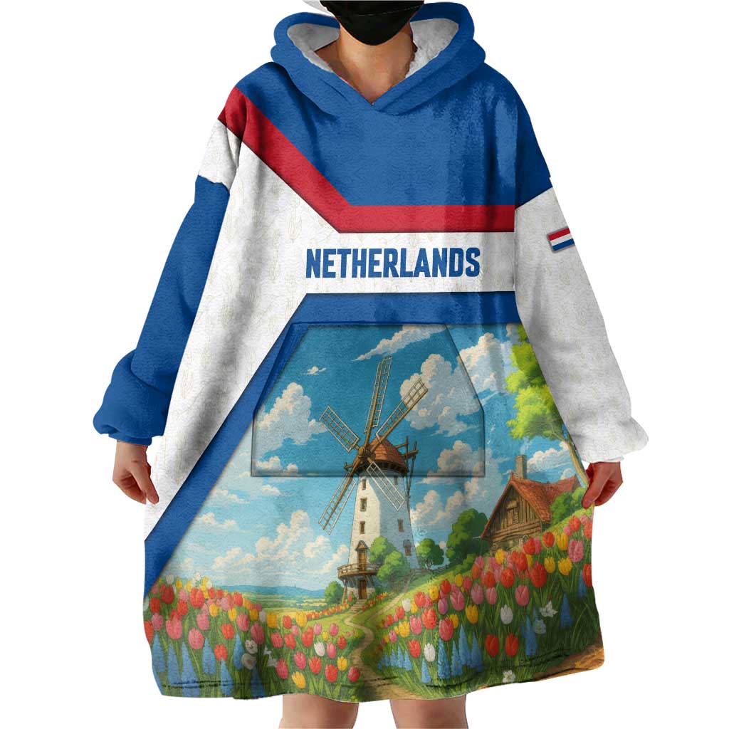 Netherlands Wearable Blanket Hoodie Dutch Windmill and Tulip Field Landscape in National Flag Colors - Wonder Print Shop