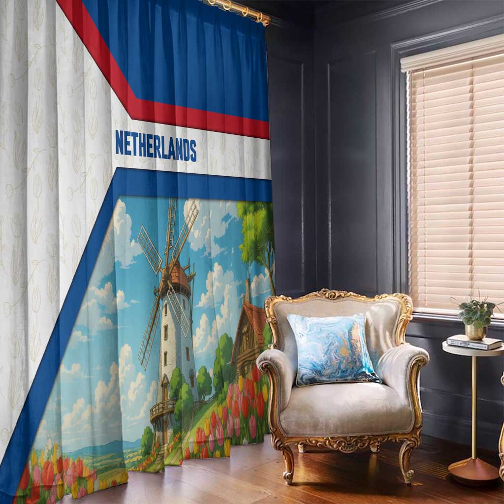 Netherlands Window Curtain Dutch Windmill and Tulip Field Landscape in National Flag Colors - Wonder Print Shop
