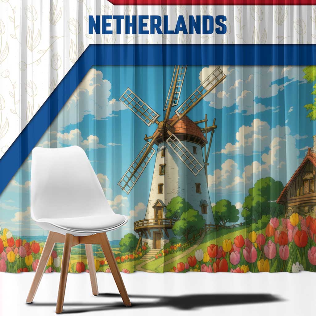 Netherlands Window Curtain Dutch Windmill and Tulip Field Landscape in National Flag Colors - Wonder Print Shop