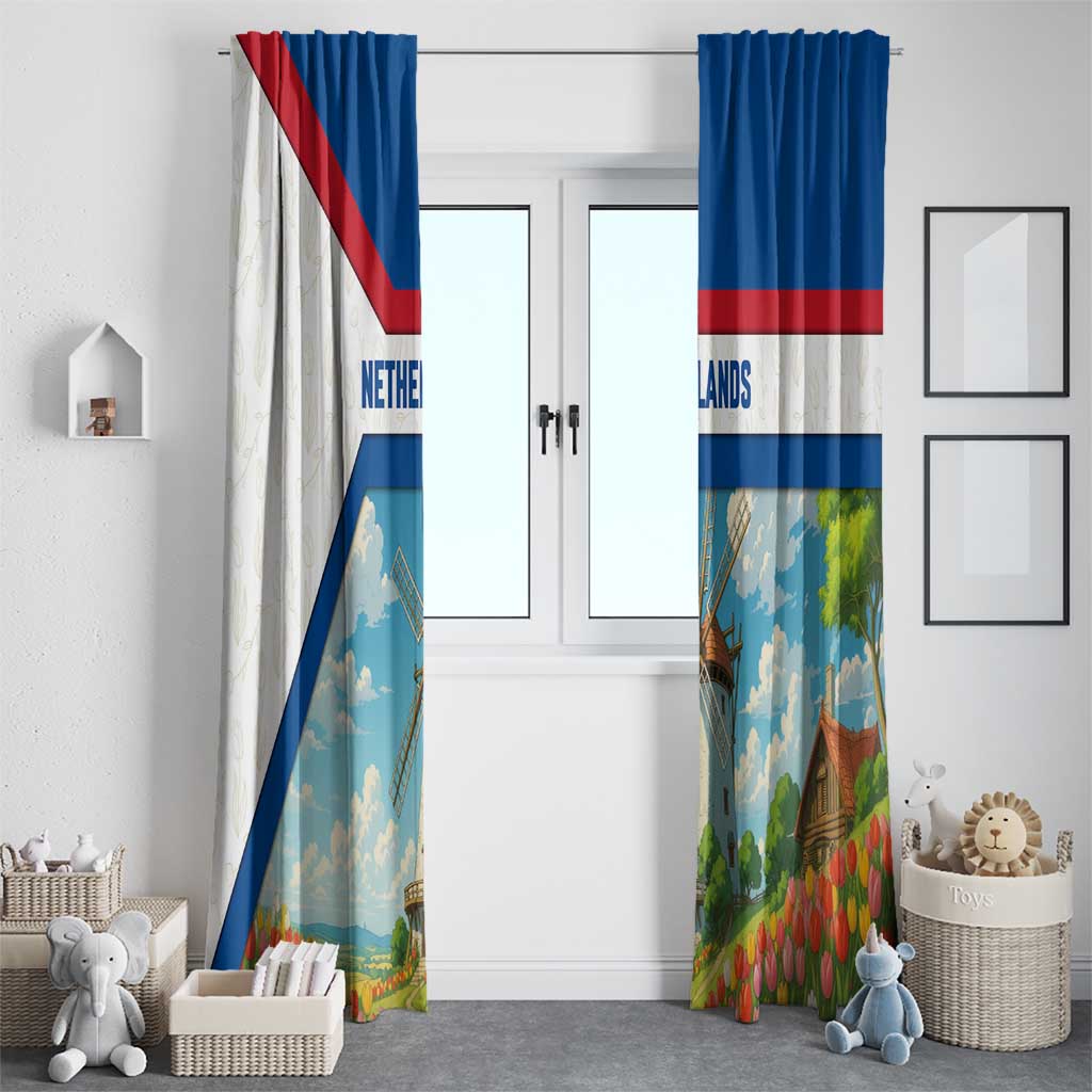 Netherlands Window Curtain Dutch Windmill and Tulip Field Landscape in National Flag Colors - Wonder Print Shop
