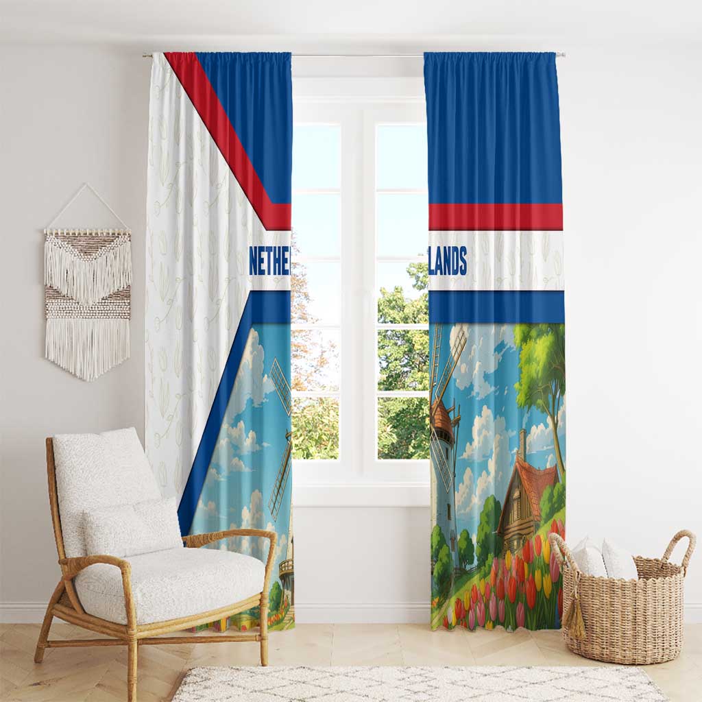 Netherlands Window Curtain Dutch Windmill and Tulip Field Landscape in National Flag Colors - Wonder Print Shop