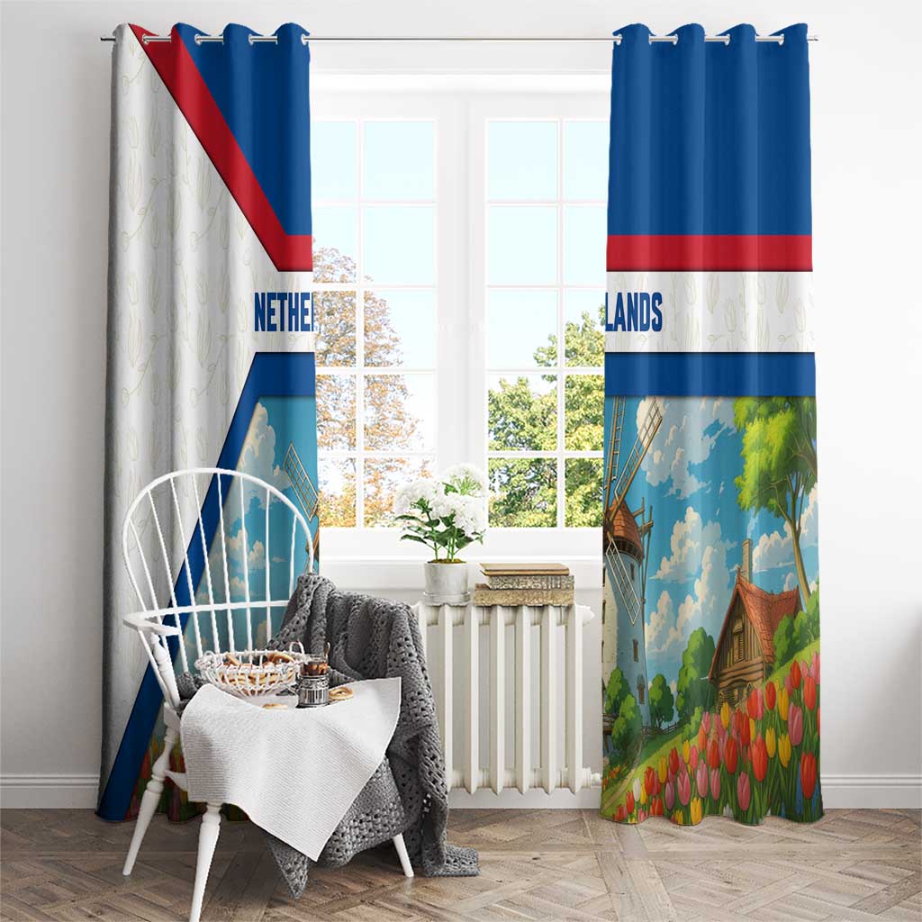Netherlands Window Curtain Dutch Windmill and Tulip Field Landscape in National Flag Colors - Wonder Print Shop