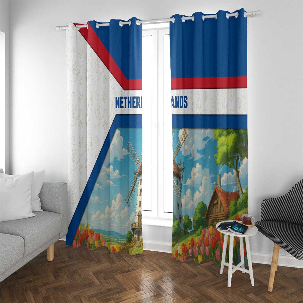 Netherlands Window Curtain Dutch Windmill and Tulip Field Landscape in National Flag Colors - Wonder Print Shop