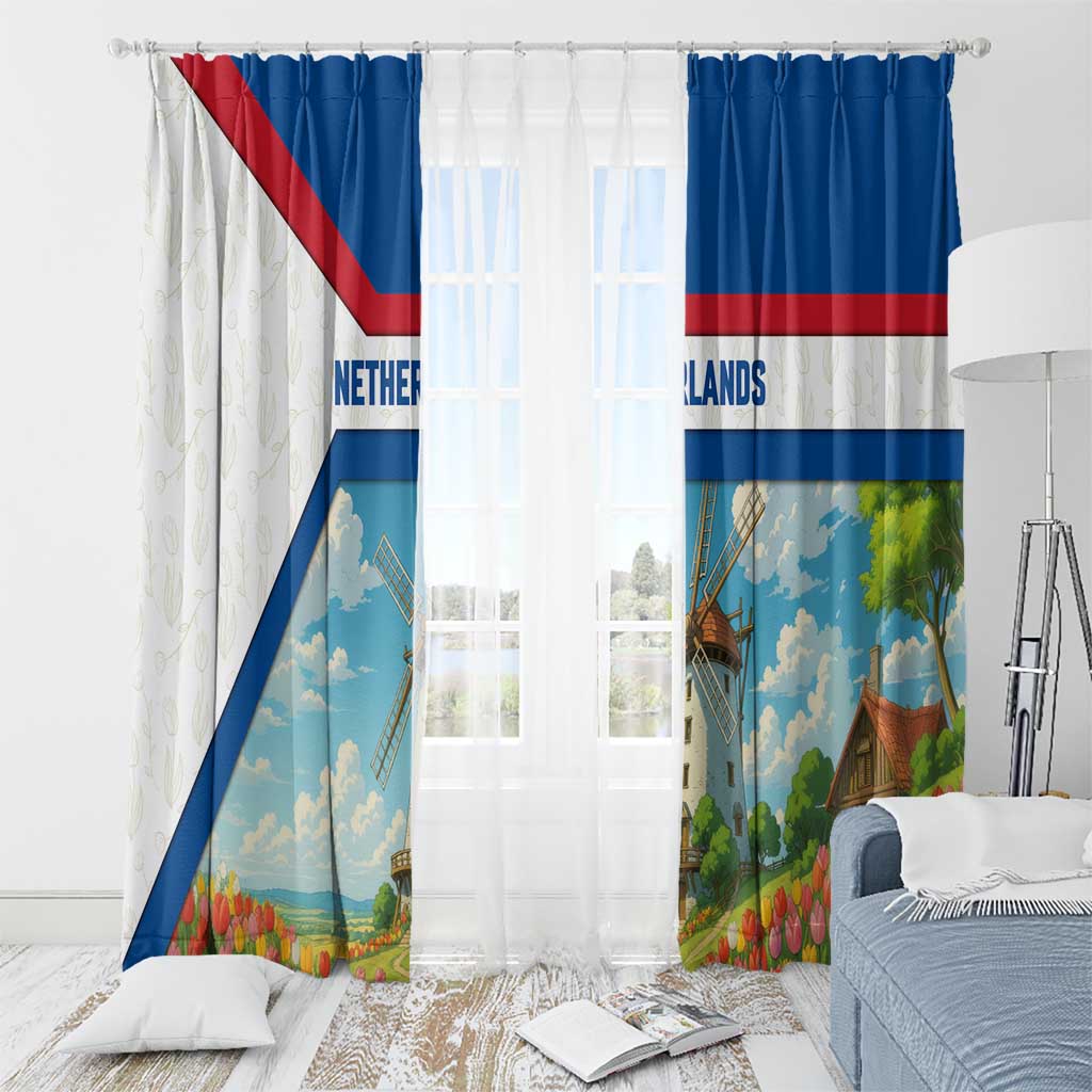 Netherlands Window Curtain Dutch Windmill and Tulip Field Landscape in National Flag Colors - Wonder Print Shop