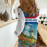 Netherlands Women Casual Shirt Dutch Windmill and Tulip Field Landscape in National Flag Colors - Wonder Print Shop