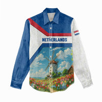 Netherlands Women Casual Shirt Dutch Windmill and Tulip Field Landscape in National Flag Colors - Wonder Print Shop