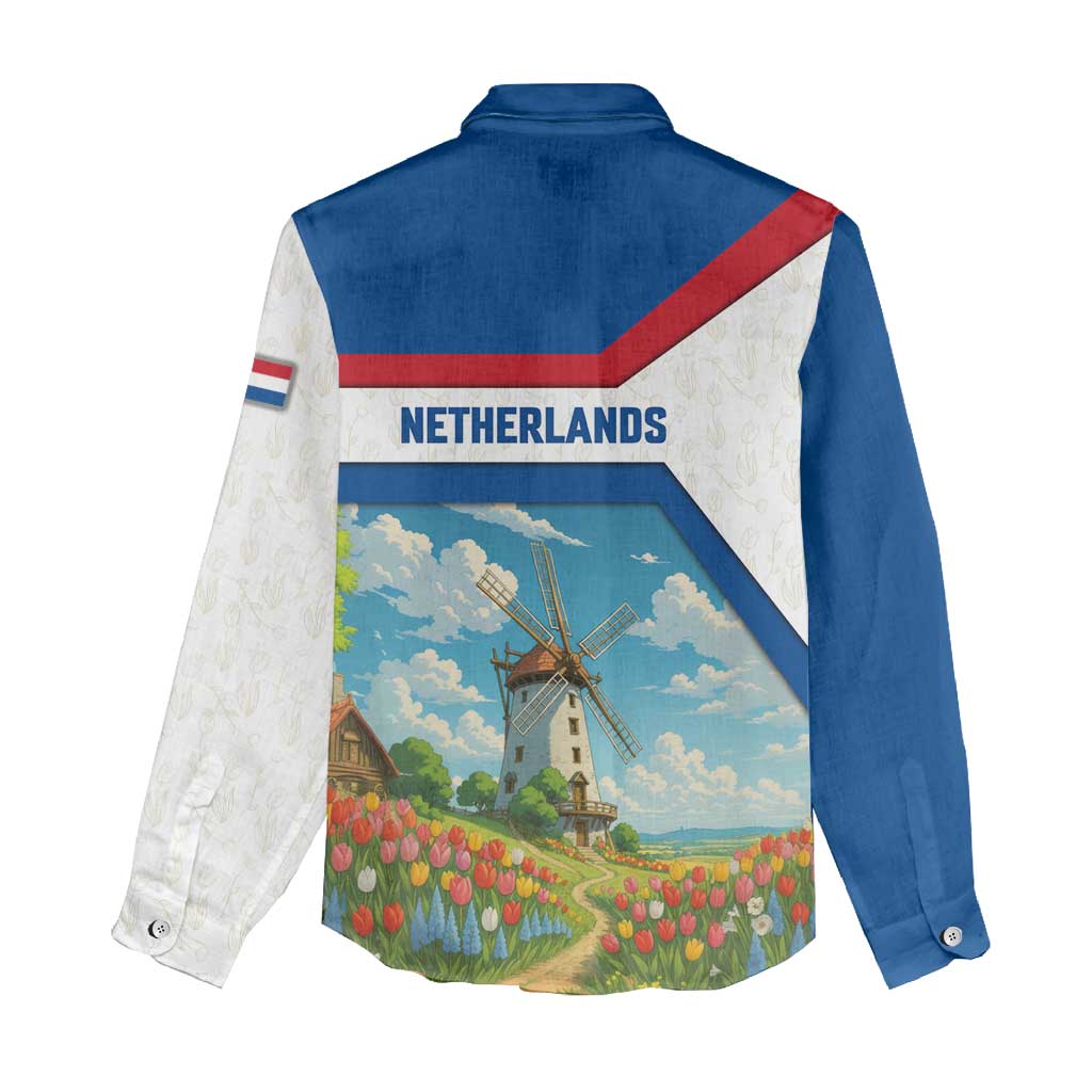 Netherlands Women Casual Shirt Dutch Windmill and Tulip Field Landscape in National Flag Colors - Wonder Print Shop