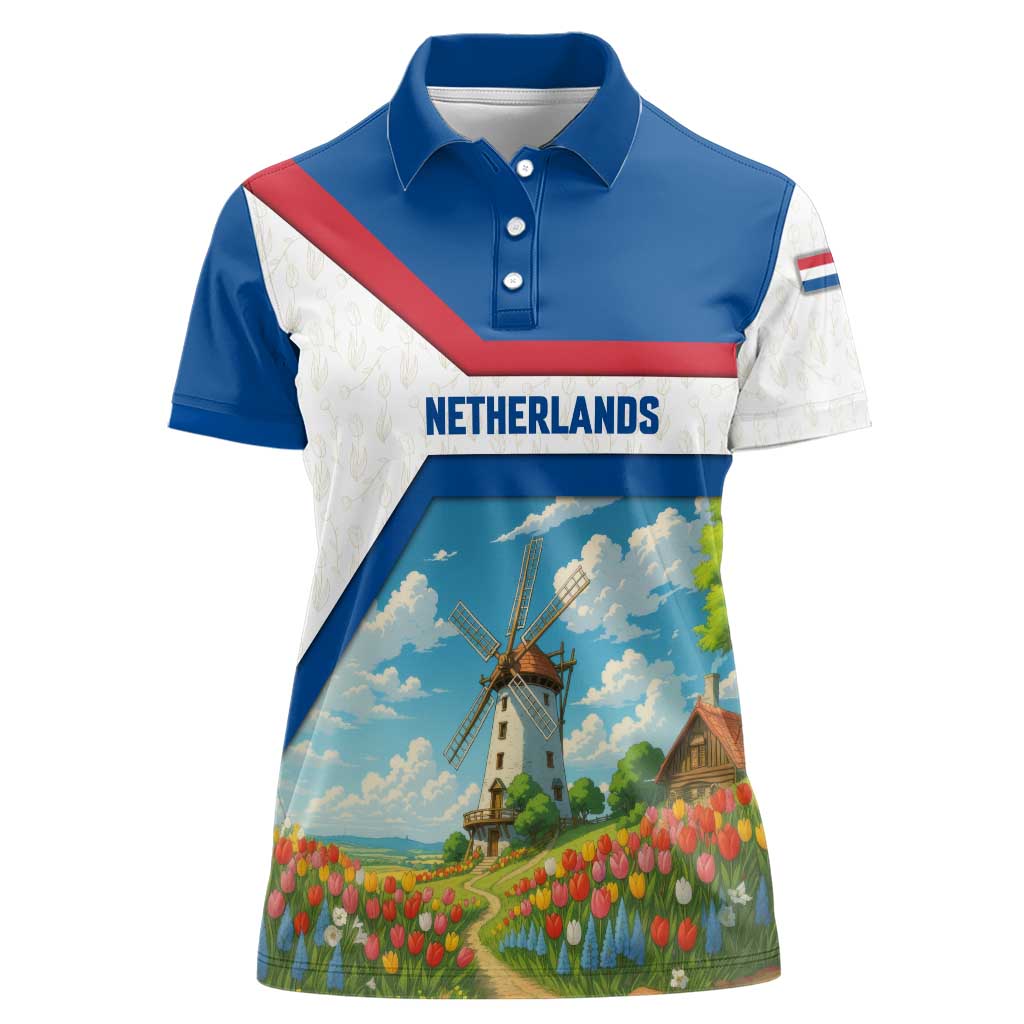 Netherlands Women Polo Shirt Dutch Windmill and Tulip Field Landscape in National Flag Colors - Wonder Print Shop