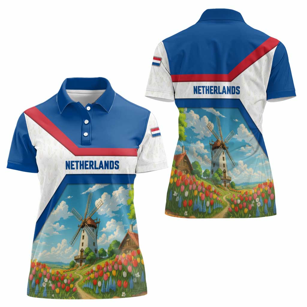 Netherlands Women Polo Shirt Dutch Windmill and Tulip Field Landscape in National Flag Colors - Wonder Print Shop