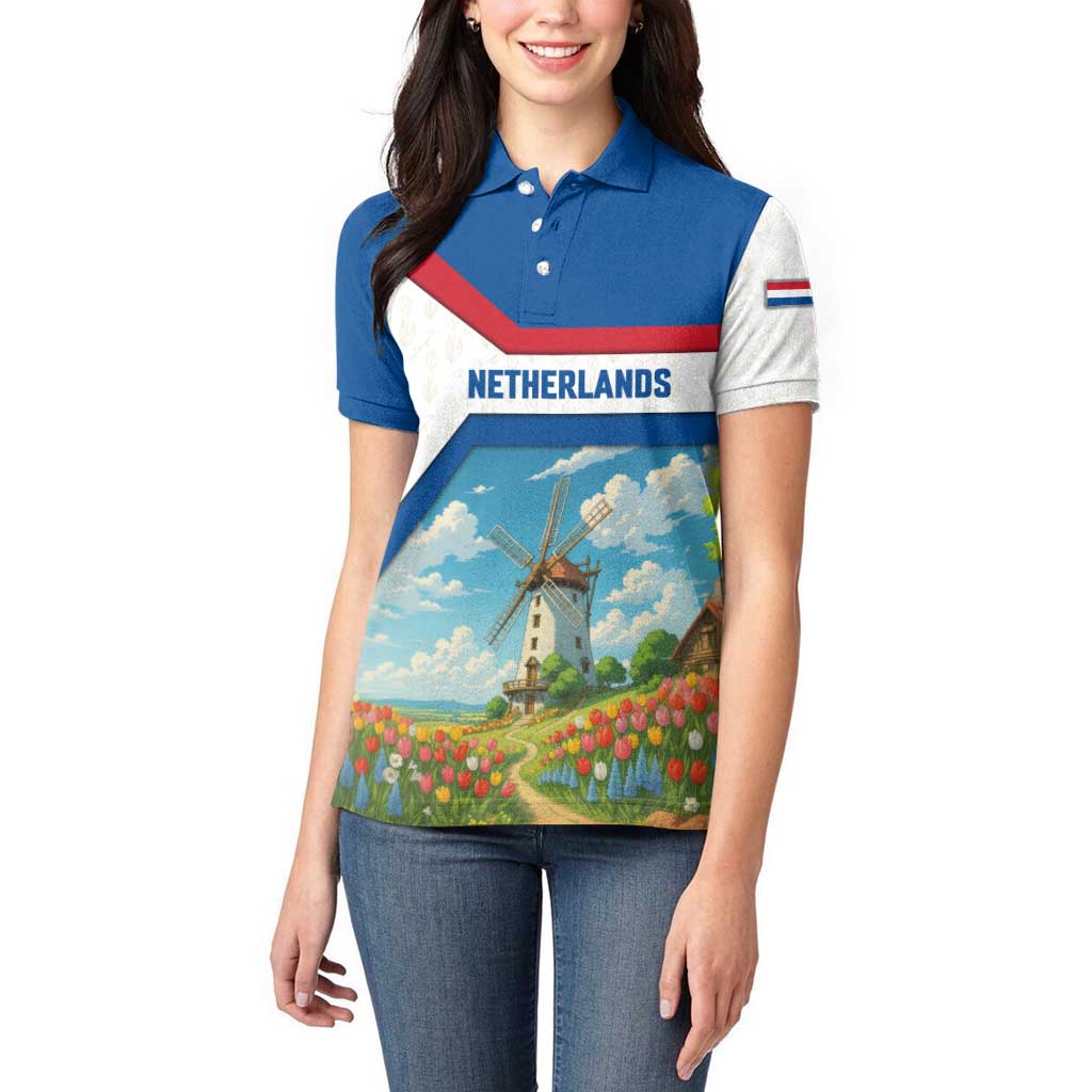 Netherlands Women Polo Shirt Dutch Windmill and Tulip Field Landscape in National Flag Colors - Wonder Print Shop