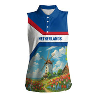 Netherlands Women Sleeveless Polo Shirt Dutch Windmill and Tulip Field Landscape in National Flag Colors - Wonder Print Shop