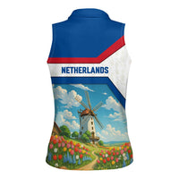 Netherlands Women Sleeveless Polo Shirt Dutch Windmill and Tulip Field Landscape in National Flag Colors - Wonder Print Shop