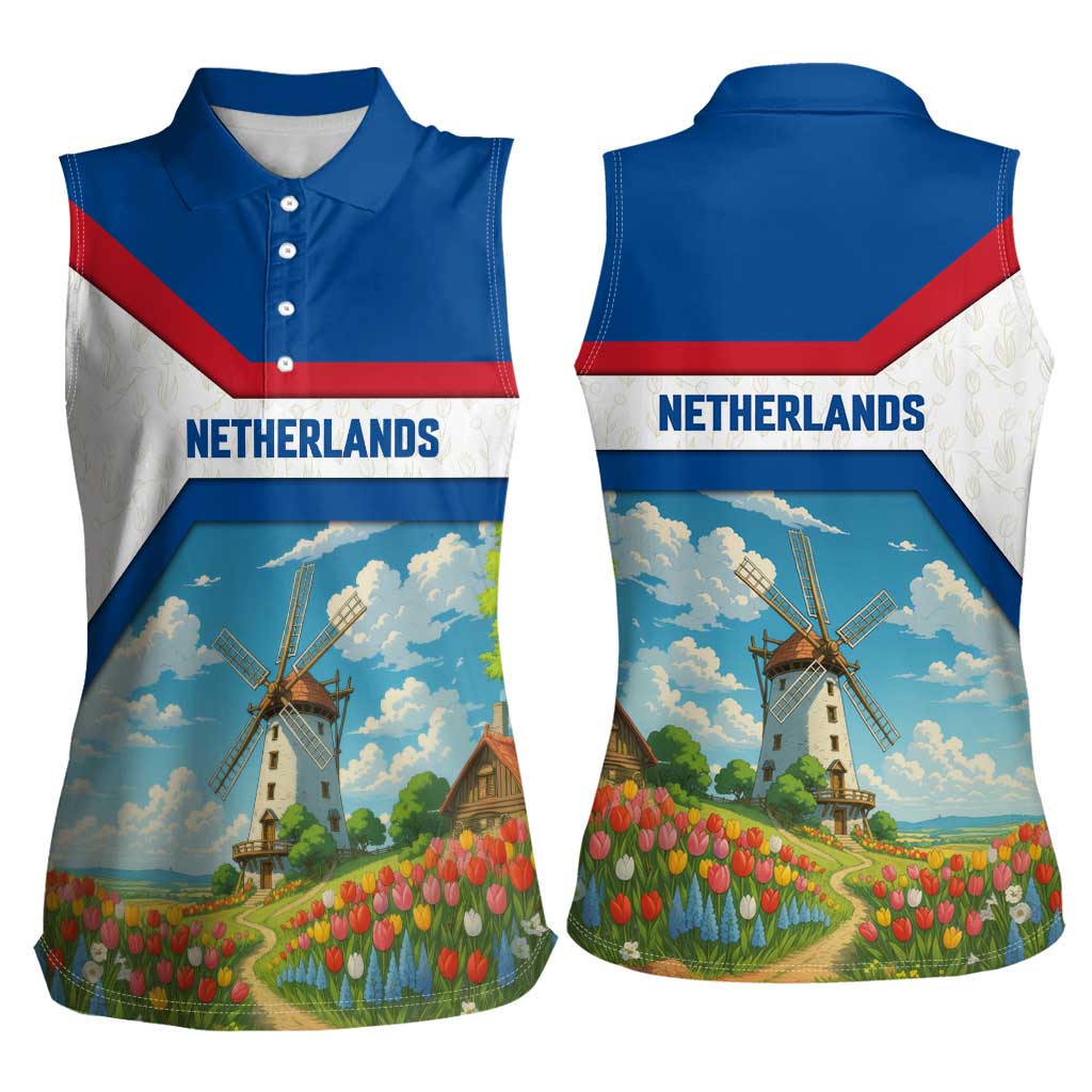 Netherlands Women Sleeveless Polo Shirt Dutch Windmill and Tulip Field Landscape in National Flag Colors - Wonder Print Shop