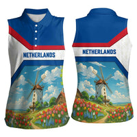 Netherlands Women Sleeveless Polo Shirt Dutch Windmill and Tulip Field Landscape in National Flag Colors - Wonder Print Shop