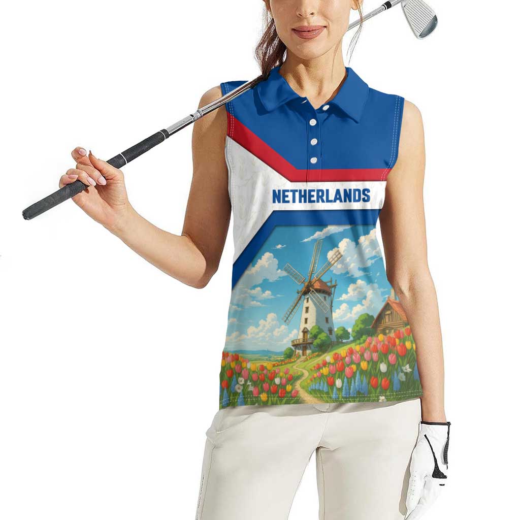 Netherlands Women Sleeveless Polo Shirt Dutch Windmill and Tulip Field Landscape in National Flag Colors - Wonder Print Shop