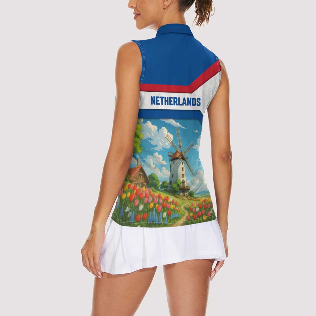 Netherlands Women Sleeveless Polo Shirt Dutch Windmill and Tulip Field Landscape in National Flag Colors - Wonder Print Shop