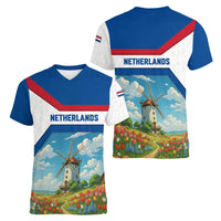 Netherlands Women V-Neck T-Shirt Dutch Windmill and Tulip Field Landscape in National Flag Colors - Wonder Print Shop