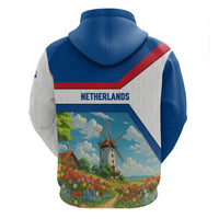 Netherlands Zip Hoodie Dutch Windmill and Tulip Field Landscape in National Flag Colors - Wonder Print Shop