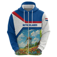 Netherlands Zip Hoodie Dutch Windmill and Tulip Field Landscape in National Flag Colors - Wonder Print Shop