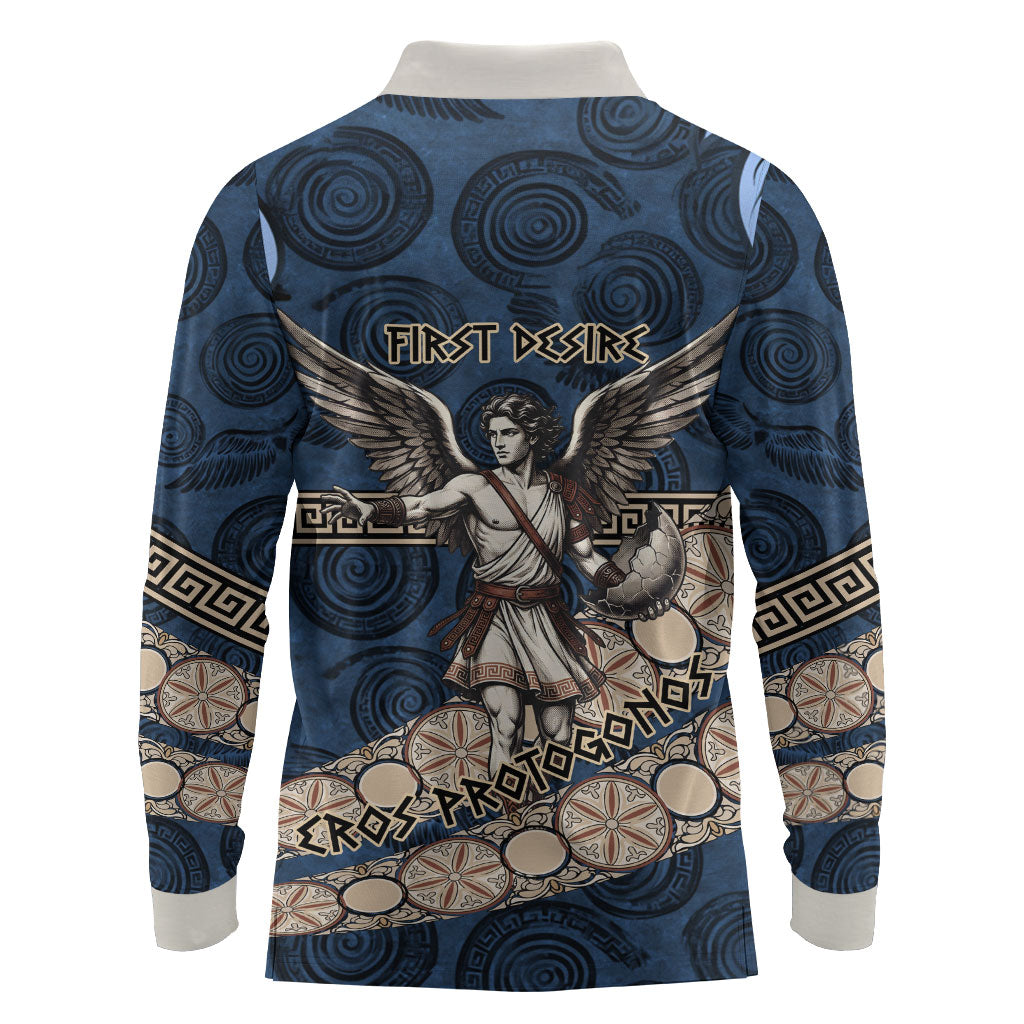 Eros Greek Mythology Protogonos Long Sleeve Polo Shirt Winged Eros Emerging From Cosmic Egg Greek Key