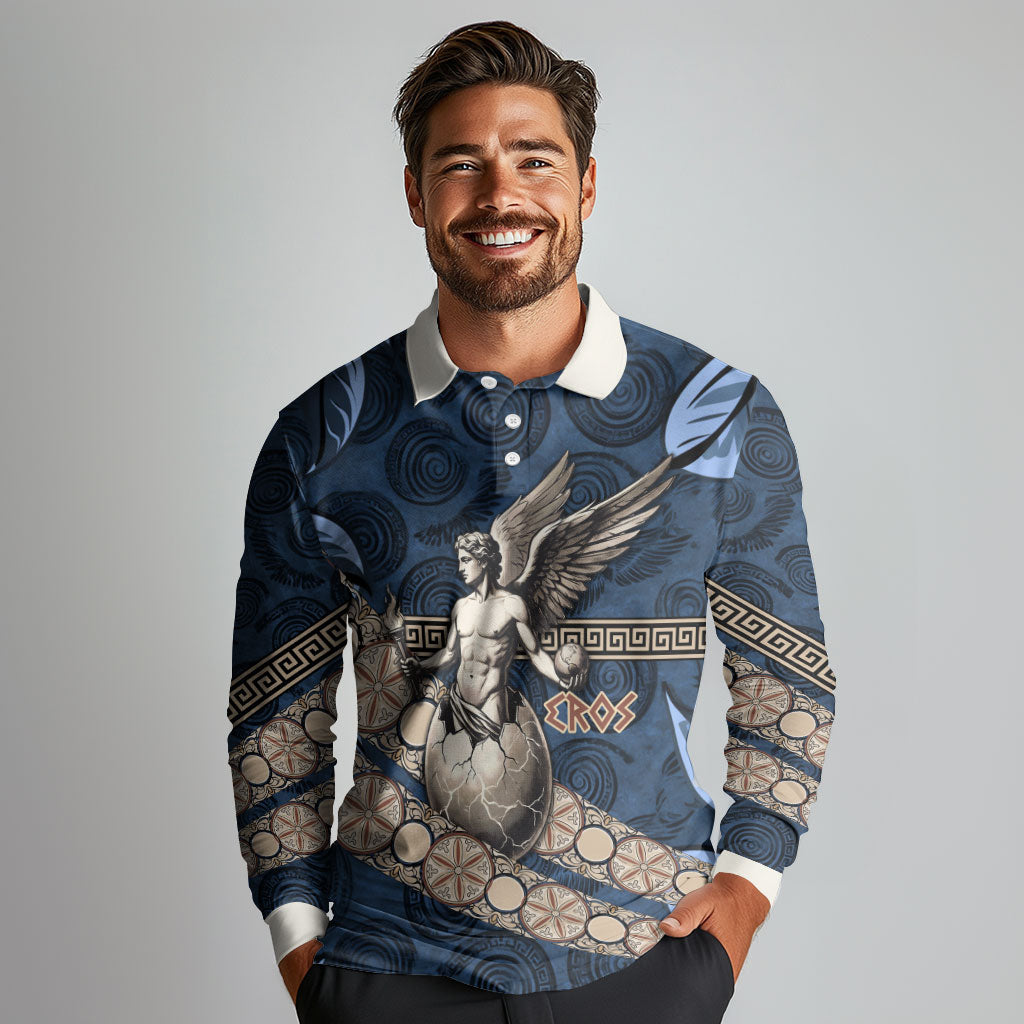 Eros Greek Mythology Protogonos Long Sleeve Polo Shirt Winged Eros Emerging From Cosmic Egg Greek Key