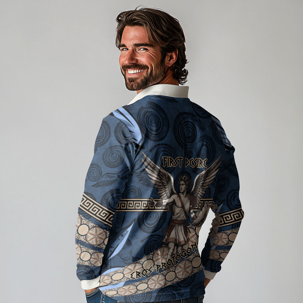Eros Greek Mythology Protogonos Long Sleeve Polo Shirt Winged Eros Emerging From Cosmic Egg Greek Key