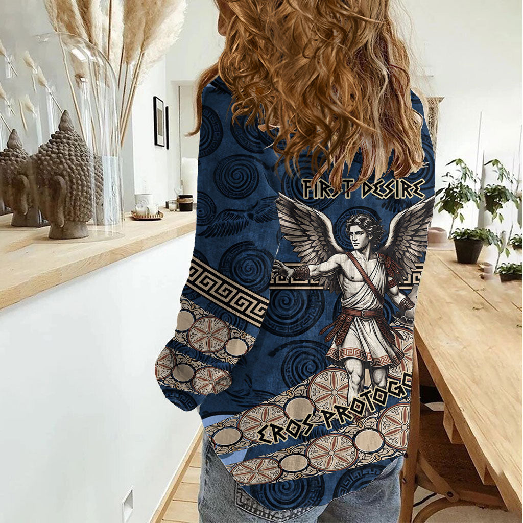 Eros Greek Mythology Protogonos Women Casual Shirt Winged Eros Emerging From Cosmic Egg Greek Key