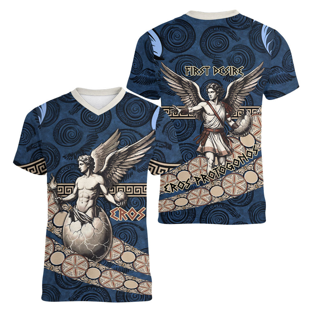 Eros Greek Mythology Protogonos Women V-Neck T-Shirt Winged Eros Emerging From Cosmic Egg Greek Key