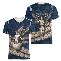 Eros Greek Mythology Protogonos Women V-Neck T-Shirt Winged Eros Emerging From Cosmic Egg Greek Key