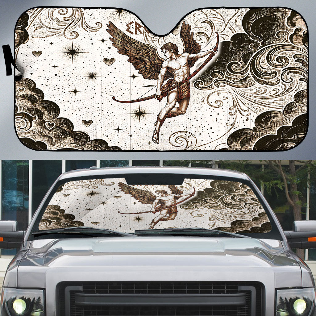 Eros Greek Mythology Cupid God Of Love Auto Sun Shade Winged Archer Eros Bow Arrow And Celestial Clouds