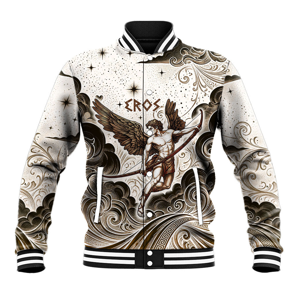 Eros Greek Mythology Cupid God Of Love Baseball Jacket Winged Archer Eros Bow Arrow And Celestial Clouds