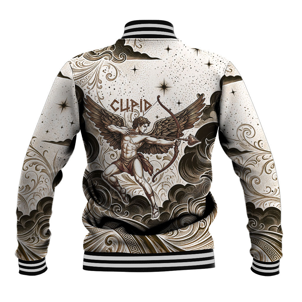 Eros Greek Mythology Cupid God Of Love Baseball Jacket Winged Archer Eros Bow Arrow And Celestial Clouds
