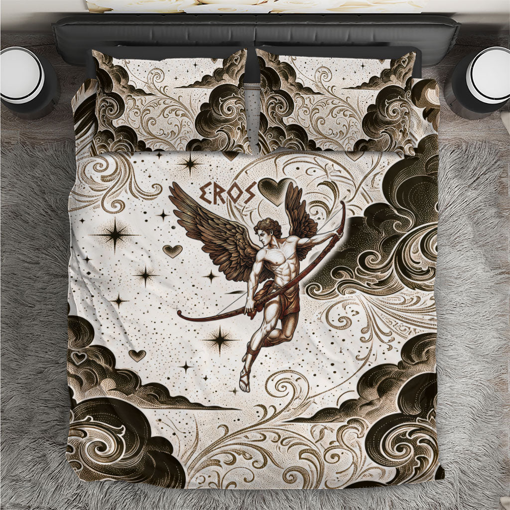 Eros Greek Mythology Cupid God Of Love Bedding Set Winged Archer Eros Bow Arrow And Celestial Clouds