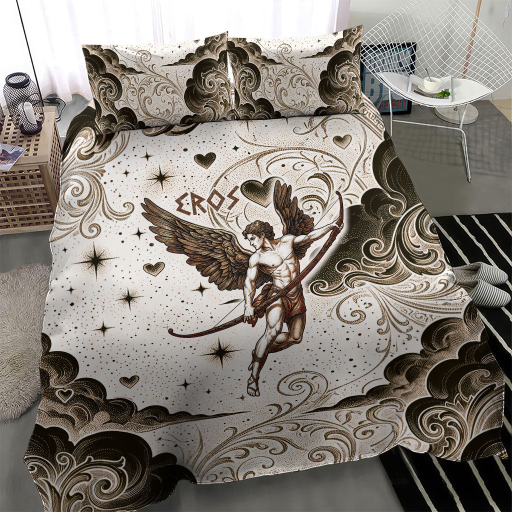 Eros Greek Mythology Cupid God Of Love Bedding Set Winged Archer Eros Bow Arrow And Celestial Clouds
