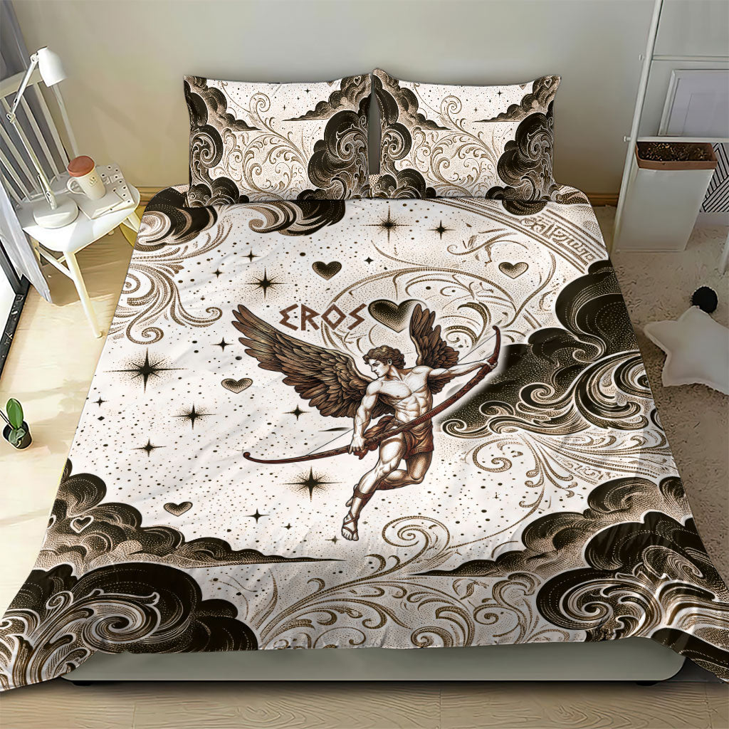Eros Greek Mythology Cupid God Of Love Bedding Set Winged Archer Eros Bow Arrow And Celestial Clouds