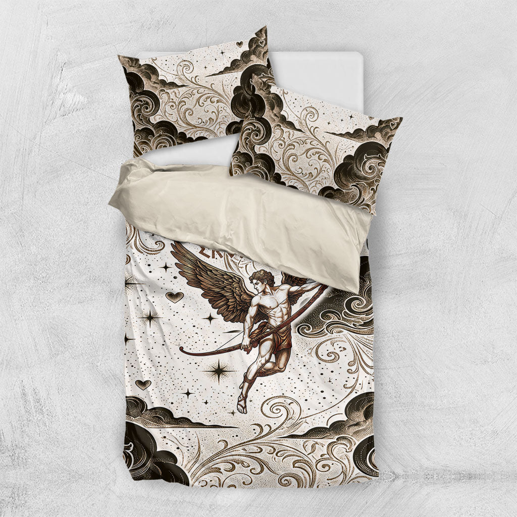 Eros Greek Mythology Cupid God Of Love Bedding Set Winged Archer Eros Bow Arrow And Celestial Clouds