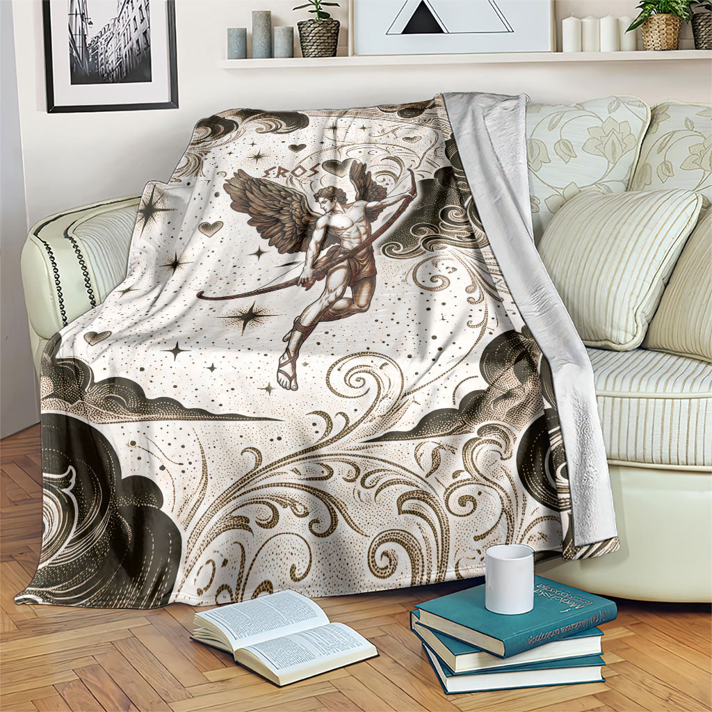Eros Greek Mythology Cupid God Of Love Blanket Winged Archer Eros Bow Arrow And Celestial Clouds