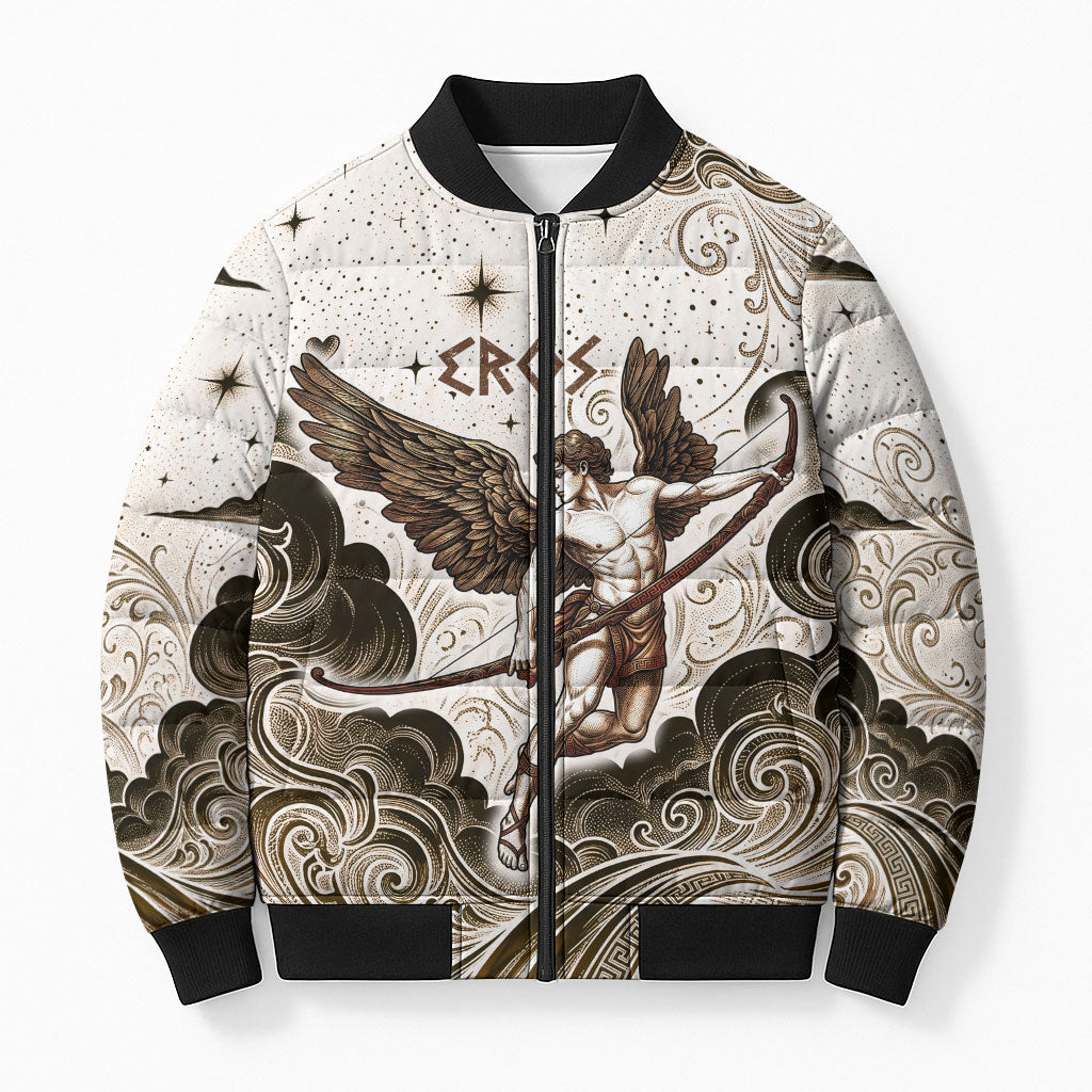 Eros Greek Mythology Cupid God Of Love Bomber Puffer Jacket Winged Archer Eros Bow Arrow And Celestial Clouds
