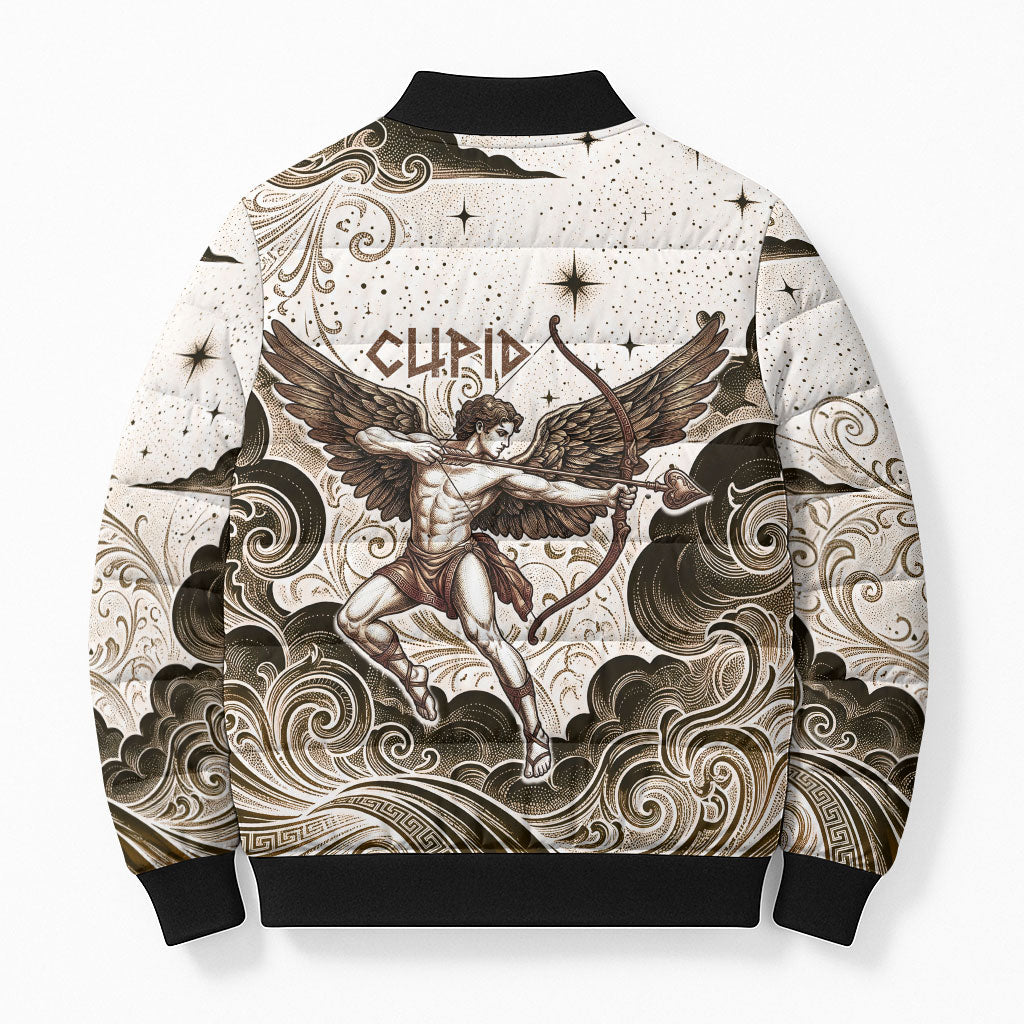 Eros Greek Mythology Cupid God Of Love Bomber Puffer Jacket Winged Archer Eros Bow Arrow And Celestial Clouds