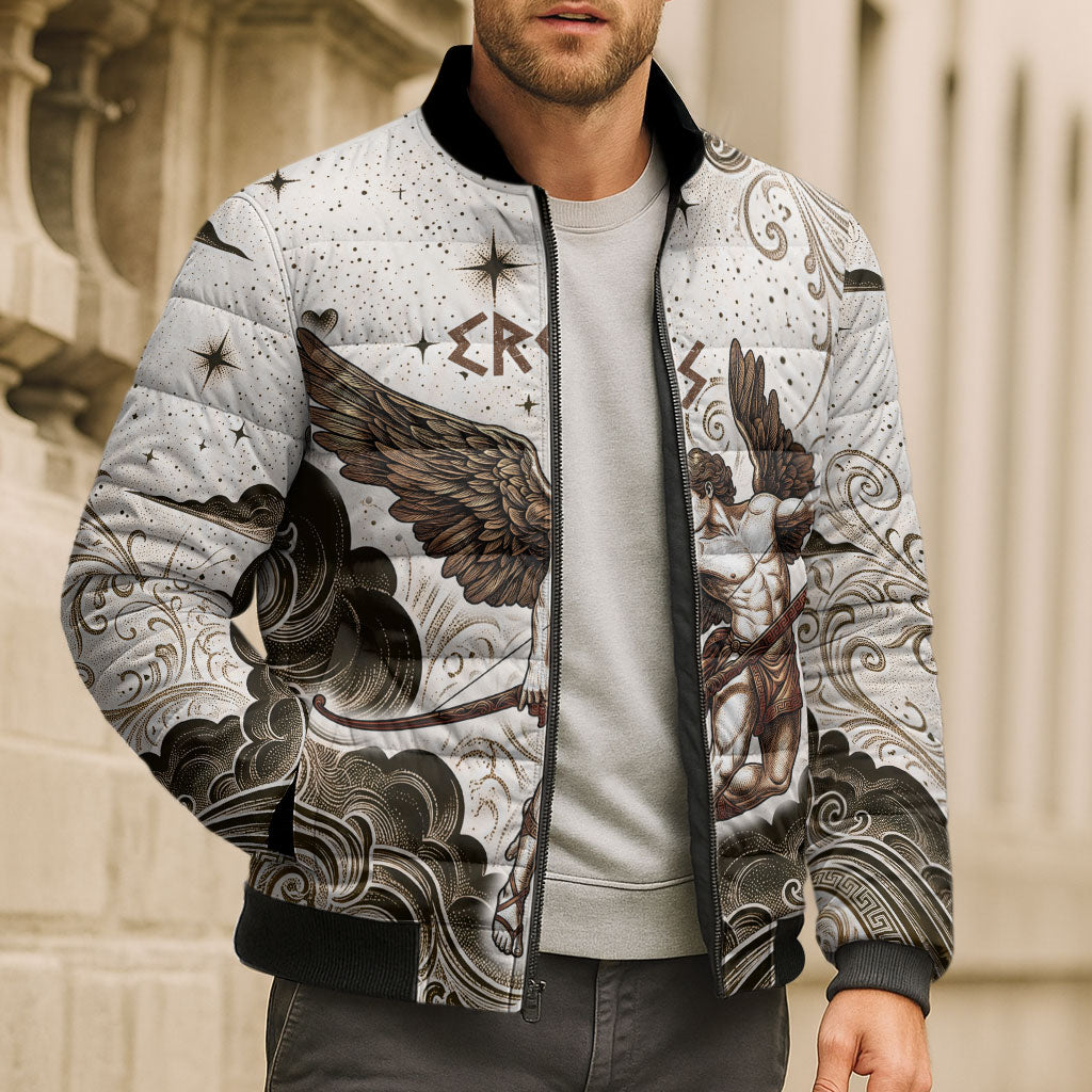 Eros Greek Mythology Cupid God Of Love Bomber Puffer Jacket Winged Archer Eros Bow Arrow And Celestial Clouds