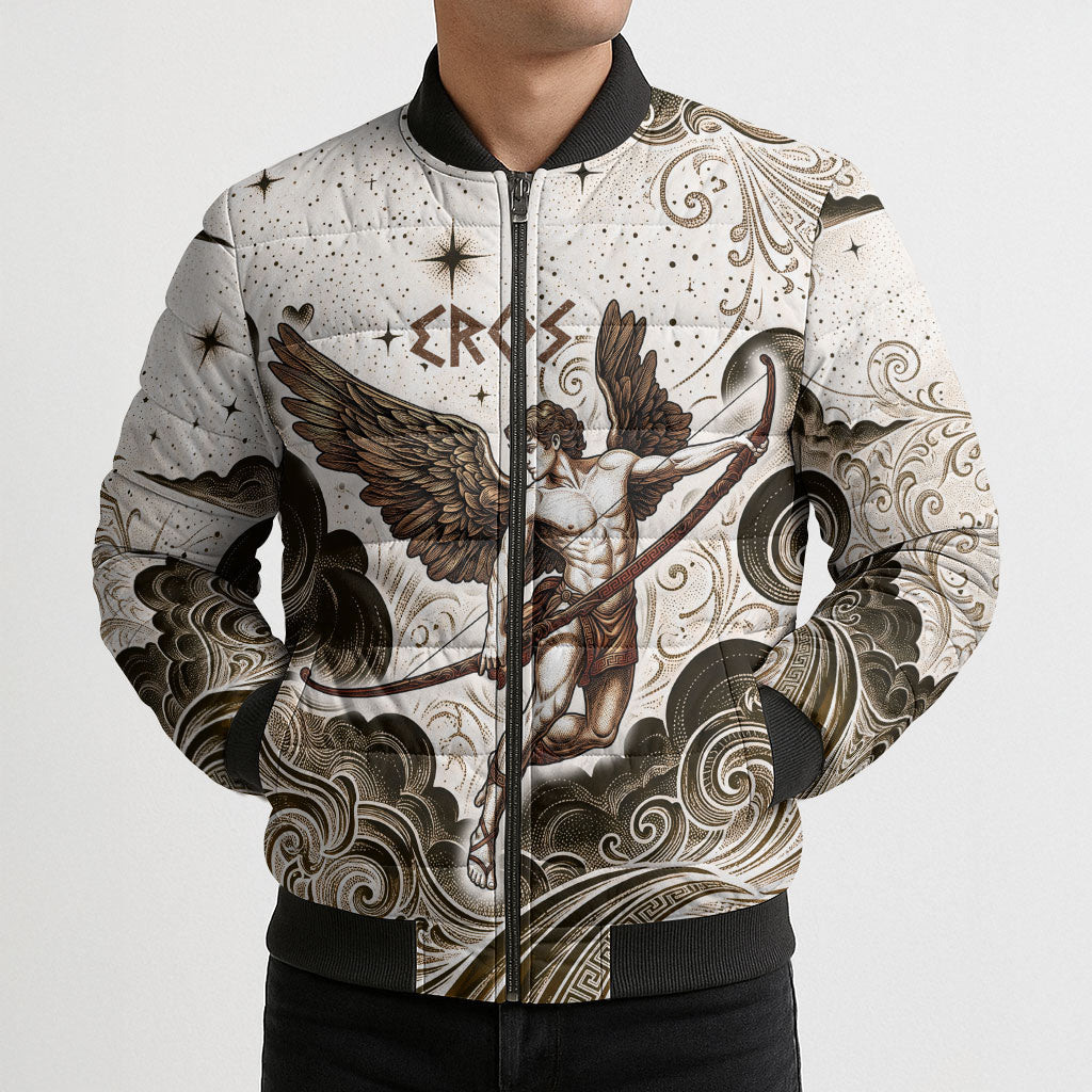 Eros Greek Mythology Cupid God Of Love Bomber Puffer Jacket Winged Archer Eros Bow Arrow And Celestial Clouds