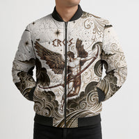 Eros Greek Mythology Cupid God Of Love Bomber Puffer Jacket Winged Archer Eros Bow Arrow And Celestial Clouds