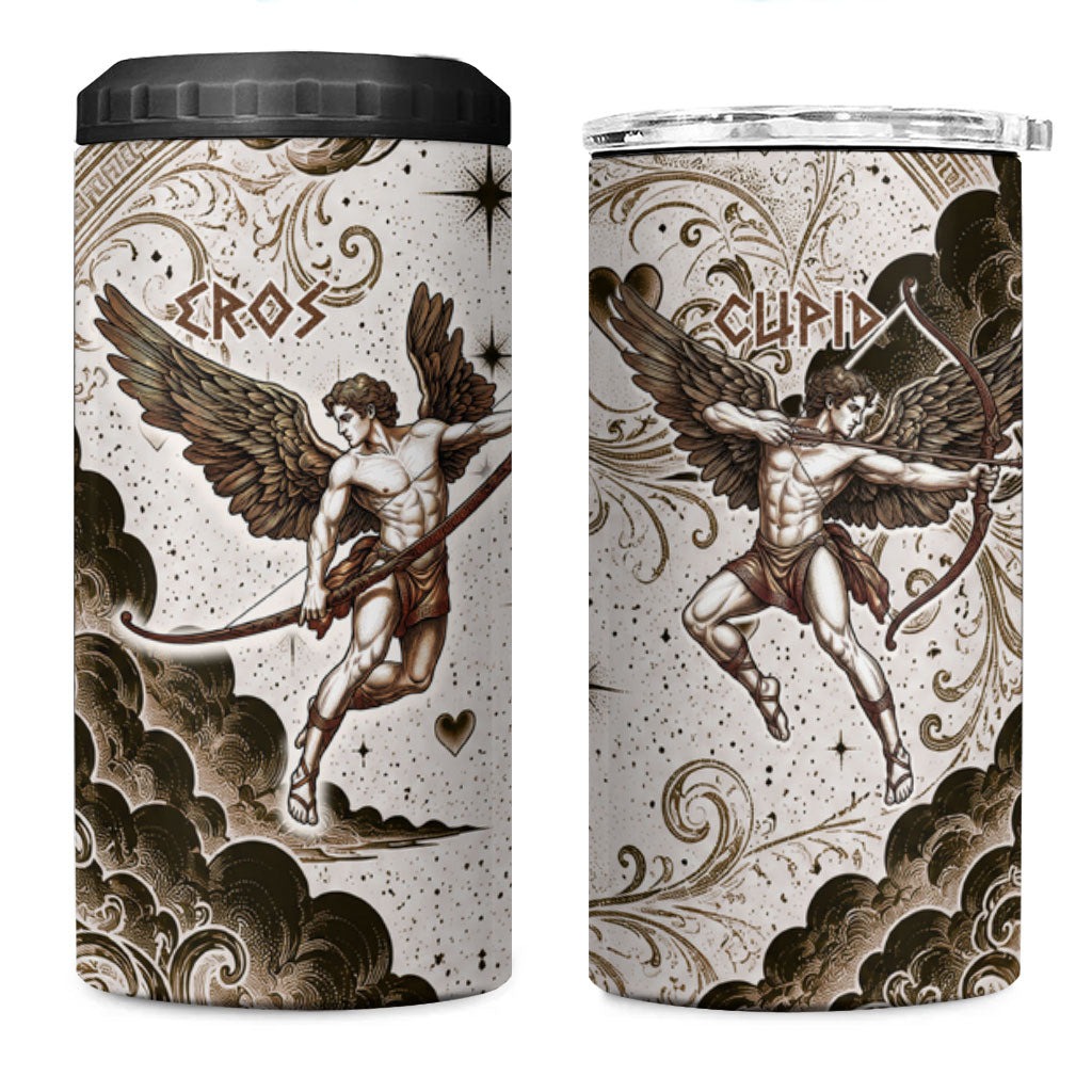 Eros Greek Mythology Cupid God Of Love 4 in 1 Can Cooler Tumbler Winged Archer Eros Bow Arrow And Celestial Clouds