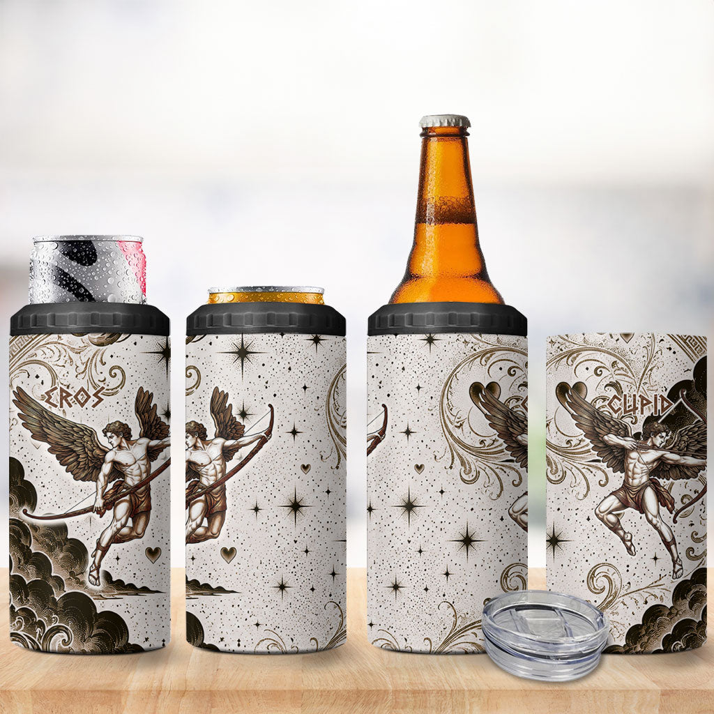 Eros Greek Mythology Cupid God Of Love 4 in 1 Can Cooler Tumbler Winged Archer Eros Bow Arrow And Celestial Clouds