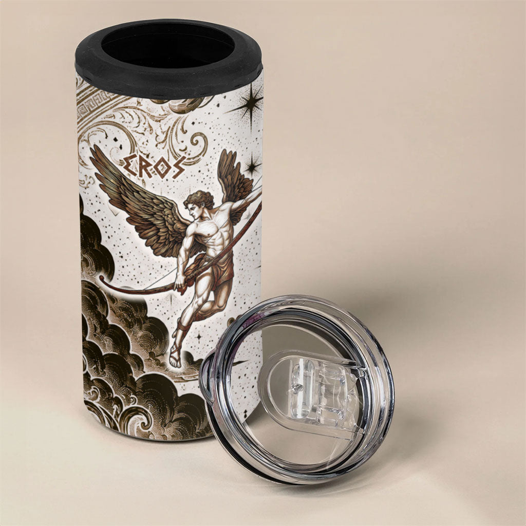 Eros Greek Mythology Cupid God Of Love 4 in 1 Can Cooler Tumbler Winged Archer Eros Bow Arrow And Celestial Clouds