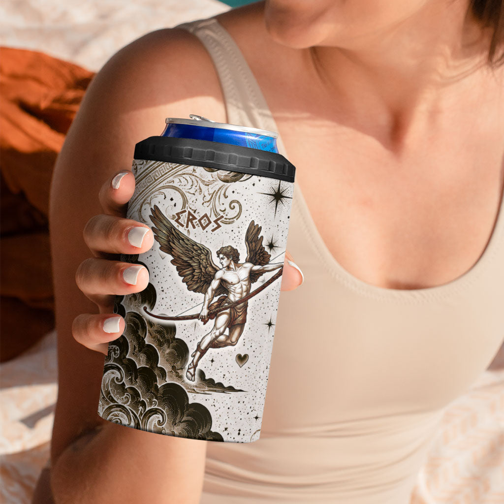 Eros Greek Mythology Cupid God Of Love 4 in 1 Can Cooler Tumbler Winged Archer Eros Bow Arrow And Celestial Clouds