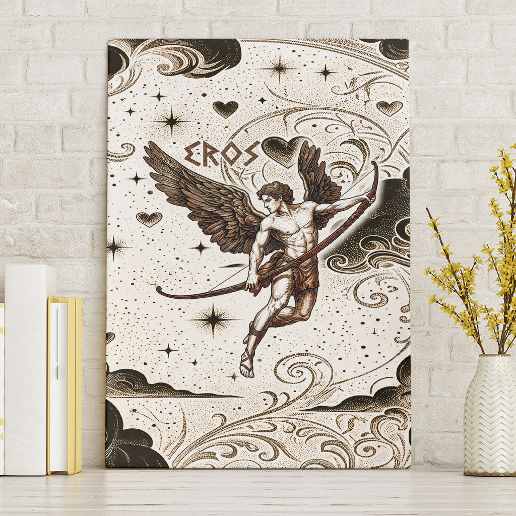Eros Greek Mythology Cupid God Of Love Canvas Wall Art Winged Archer Eros Bow Arrow And Celestial Clouds