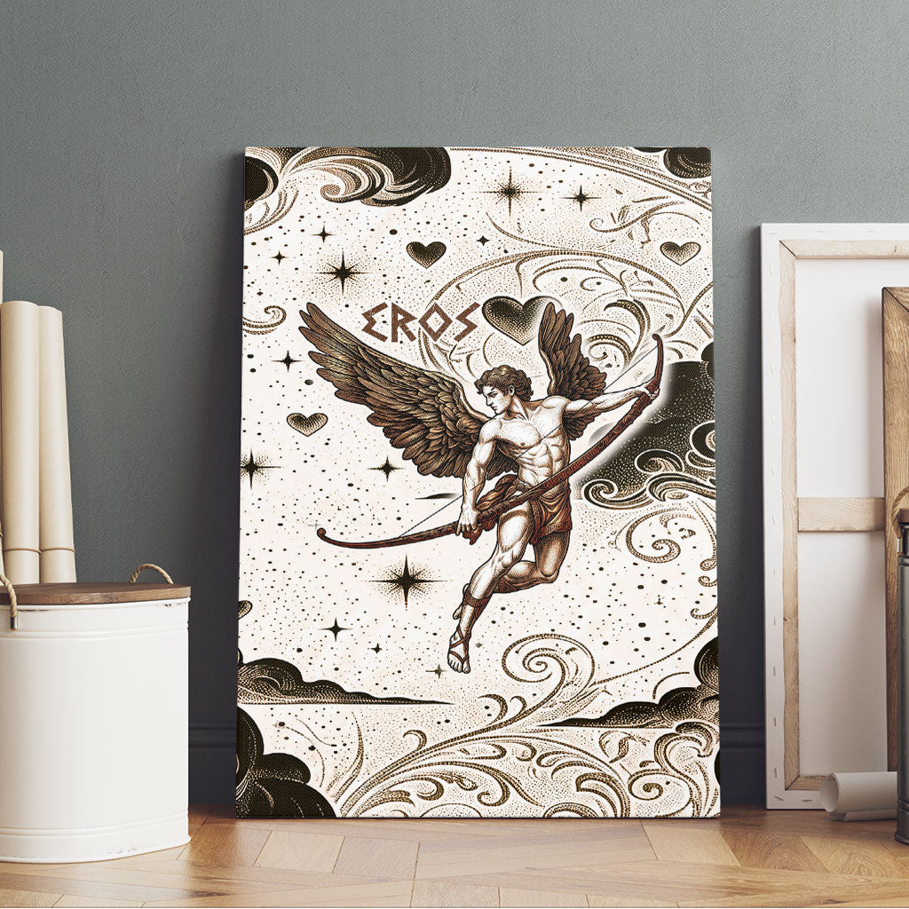 Eros Greek Mythology Cupid God Of Love Canvas Wall Art Winged Archer Eros Bow Arrow And Celestial Clouds